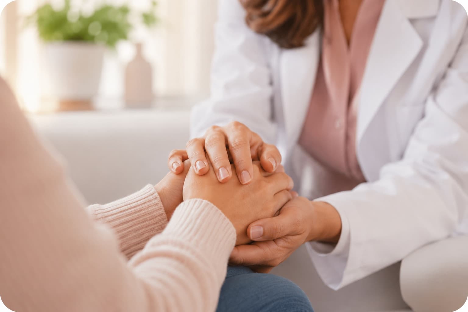 Doctora de NASER sosteniendo las manos de su paciente en señal de acompañamiento